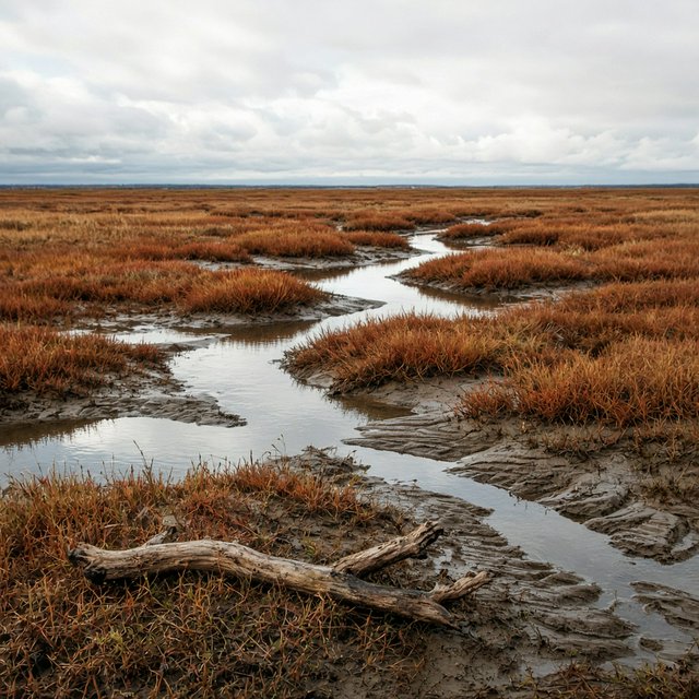 An expansive salt marsh at low tide under a pale overcast afternoon, winding channels reflecting silver sky between russet grasses, a weathered driftwood branch in the foreground, distant reeds and receding mud ridges revealing layered depth and wet natural texture. — Grok Imagine Image 2