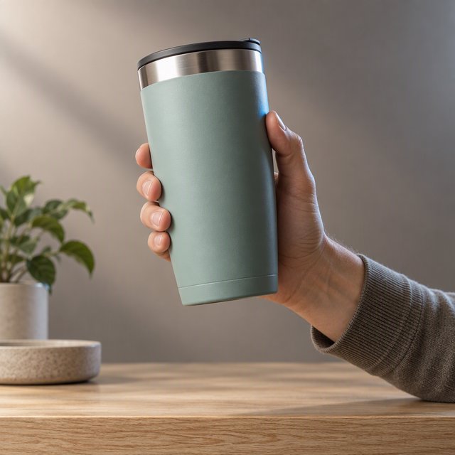 An adult hand lifts an unbranded insulated travel mug, its matte sea-glass polymer body and brushed-steel rim catching softbox highlights above a pale oak counter; warm gray studio backdrop, broad diffused key and cool edge light, no face or lettering. — GPT Image 2.5 Sunburst