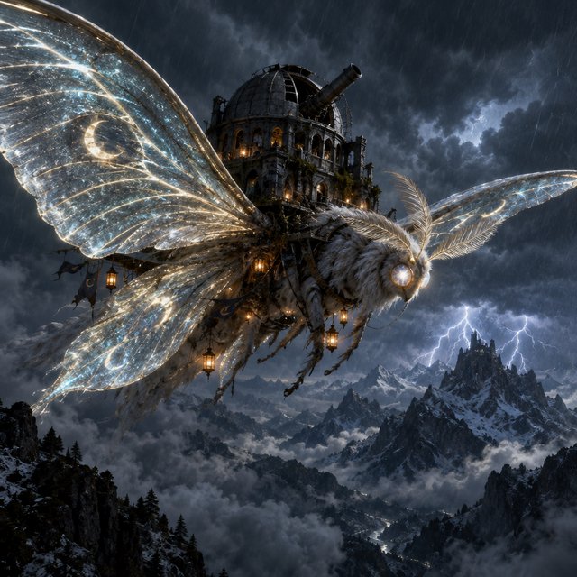 A colossal moon-moth creature glides above a stormy mountain range, its translucent wings glowing with silver veins and carrying a ruined observatory on its back. Lightning silhouettes distant peaks while amber lanterns shimmer through rain and cloud. — GPT Image 2.5 Flare