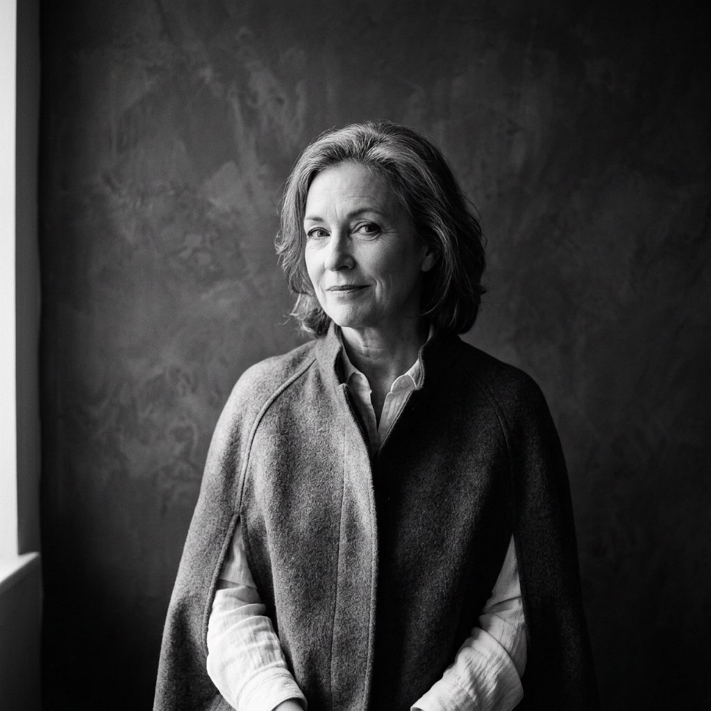 Under a narrow window beam, an adult woman in her late 50s wears a sculpted wool cape over a cotton blouse; her wry expression rests against a charcoal plaster backdrop in a black-and-white portrait, shaped by soft angled light. — Nano Banana 2.1