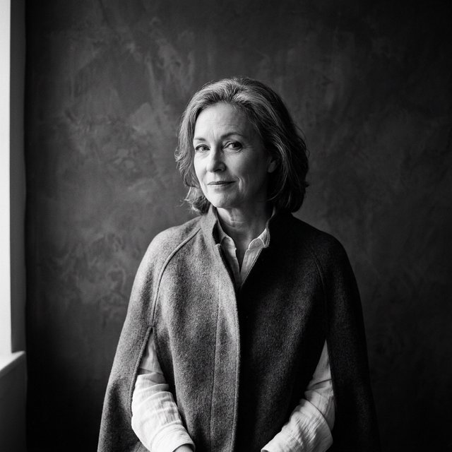 Under a narrow window beam, an adult woman in her late 50s wears a sculpted wool cape over a cotton blouse; her wry expression rests against a charcoal plaster backdrop in a black-and-white portrait, shaped by soft angled light. — Nano Banana 2.1