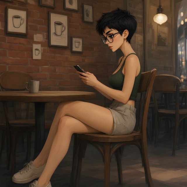 SUBJECT: Side view of a young woman seated at a cafe table, beautiful legs crossed, reading her phone. CHARACTER: 25-year-old woman with an extremely short black pixie cut, all hair under one inch. Stylish glasses, tight dark green ribbed tank top, bare midriff, shorts, comfortable shoes. SETTING: Trendy urban cafe, red brick walls decorated with framed sketches of coffee mugs. STYLE: Stylized semi-realistic digital painting, animation-inspired characters and environments. Expressive faces, large eyes, strong brows, simplified anatomy, convincing 3D volume and depth. Painterly shape-based rendering, minimal outlines, soft blended shading, broad angular brushstrokes. Luminous colors, warm undertones, restrained highlights. Hair and textures rendered in sculpted masses with selective fine detail. Muted charcoal and earthy palette, soft directional light, cohesive shadows, atmospheric depth. Detailed eyes and lips, simplified backgrounds, loose edges, unfinished brushwork. — Model 17