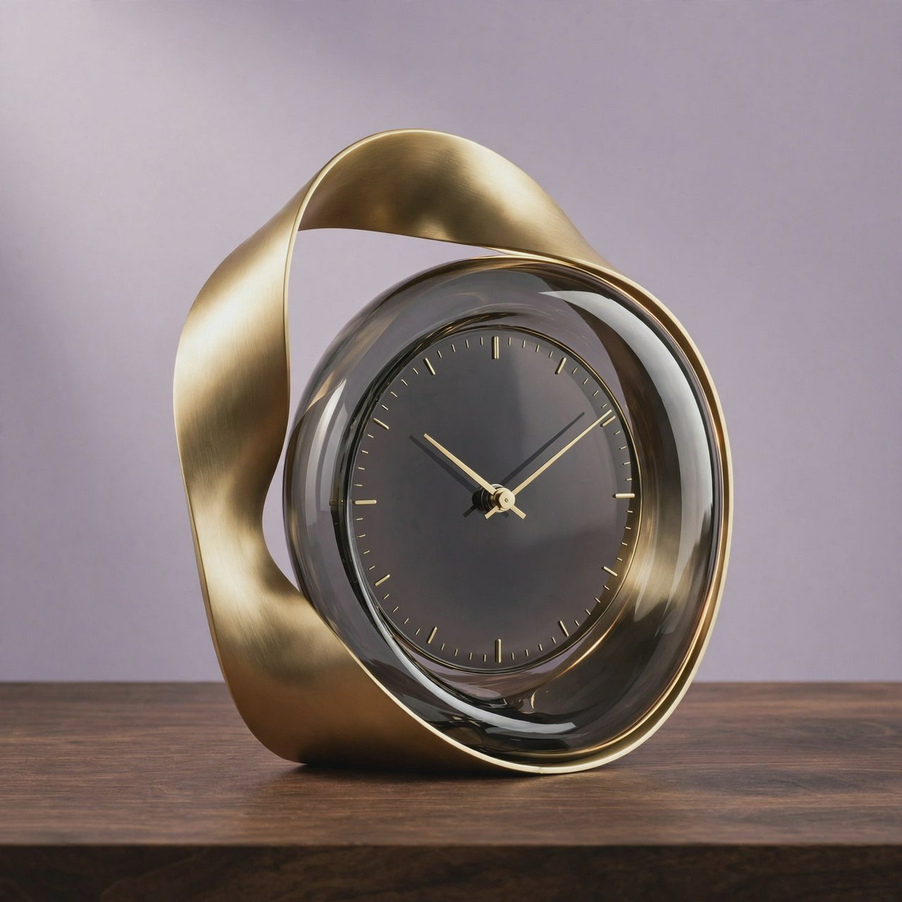 Commercial product photograph of an unbranded sculptural table clock made from satin brass and smoked glass, resting on a dark walnut surface against a muted lavender background, illuminated by a large diffused softbox from the upper left and a subtle rear rim light. — Muse Image 1.0