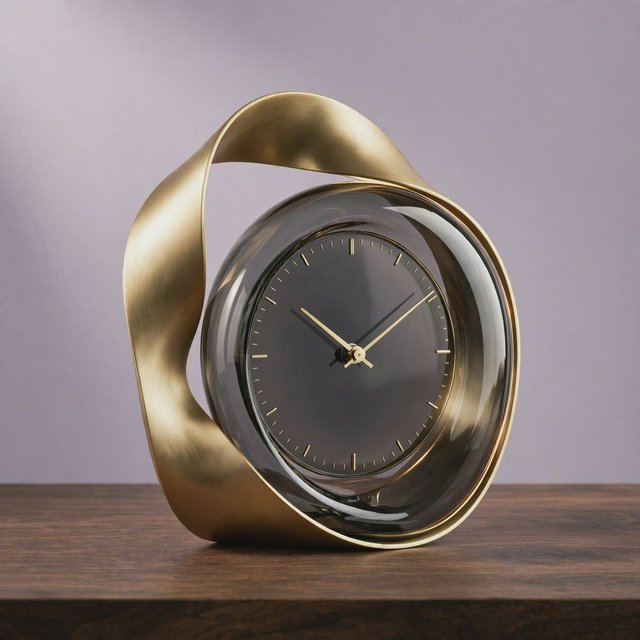 Commercial product photograph of an unbranded sculptural table clock made from satin brass and smoked glass, resting on a dark walnut surface against a muted lavender background, illuminated by a large diffused softbox from the upper left and a subtle rear rim light. — Muse Image 1.0
