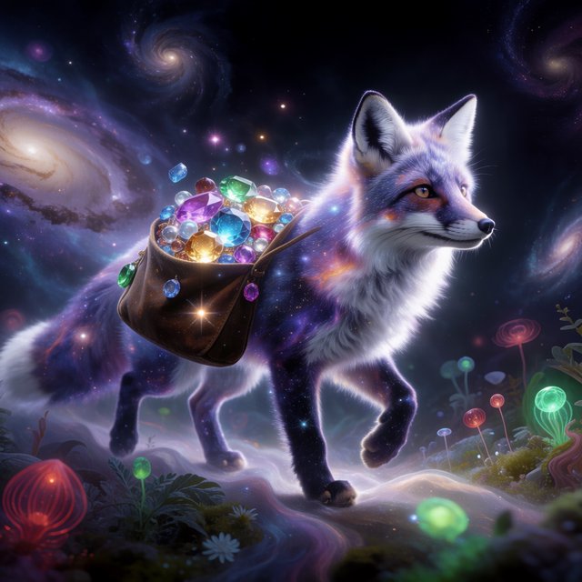 A celestial fox made of stardust and nebulae, carrying a satchel overflowing with glowing cosmic jewels, journeys through an ethereal dreamscape. Swirling galaxies and bioluminescent flora fill the background. The scene is rendered in a surreal, photorealistic style, emphasizing intricate details and a sense of infinite wonder. — Krea 2 Medium