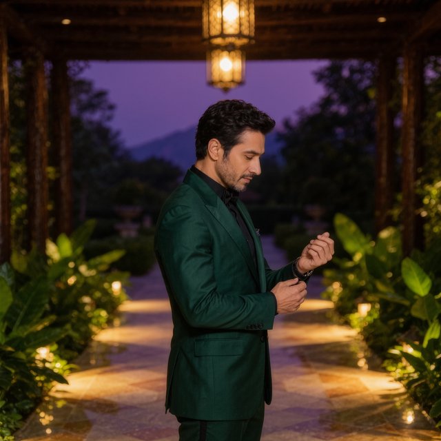 Along a garden path at violet dusk, an adult man in a midnight-green dinner suit adjusts one cuff beneath warm lantern glow, caught in a quiet pre-event pause with glossy leaves and elegant magazine polish. — Kling v3 Omni
