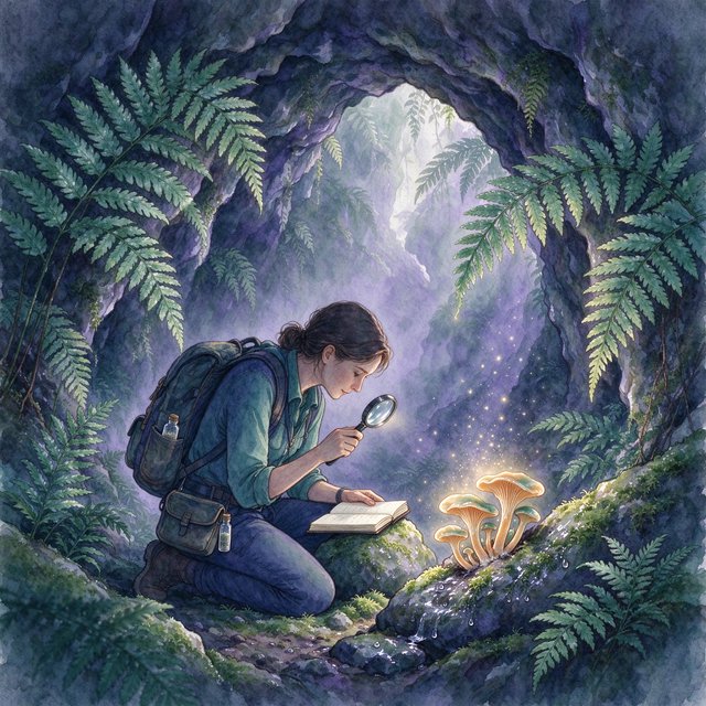 Watercolour illustration of an adult botanist studying luminous fungi in a misty cave, with fern fronds, glistening stone and drifting spores. Palette of jade, lilac, amber, and deep indigo, with translucent washes. — Seedream 5.0 Flash