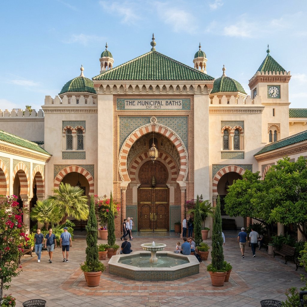 Exterior of a Moorish Revival municipal bathhouse, pale buff stucco, striped brick arches, green glazed tile roof and carved cedar doors; clear morning light, viewed across a paved courtyard, with coherent structure and crisp lines. — Nano Banana 2 Lite