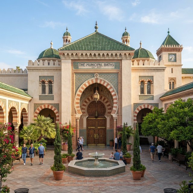 Exterior of a Moorish Revival municipal bathhouse, pale buff stucco, striped brick arches, green glazed tile roof and carved cedar doors; clear morning light, viewed across a paved courtyard, with coherent structure and crisp lines. — Nano Banana 2 Lite