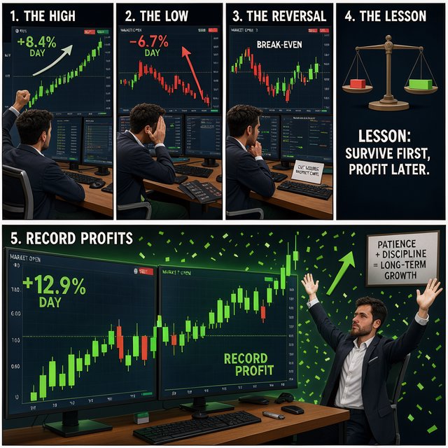 An image depicting the highs and lows of trading, in at least four panels. It ends with a very green day, record profits, and a lesson. — Model 2