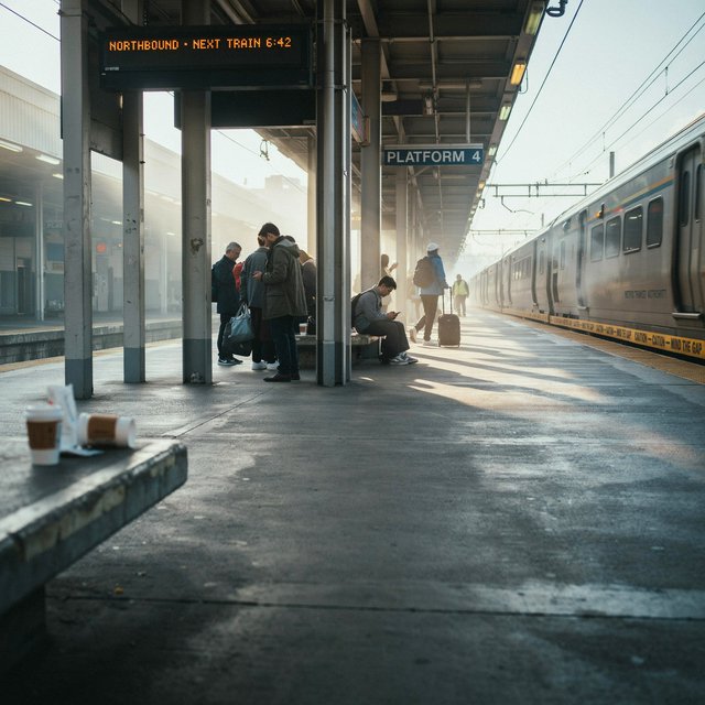 Across a broad station platform, adult commuters wait in loose clusters as a train approaches through pale dawn haze. A real-world press photograph uses a 135mm lens and deep focus; fine brake dust hangs in the sunlit air. — Ideogram v4