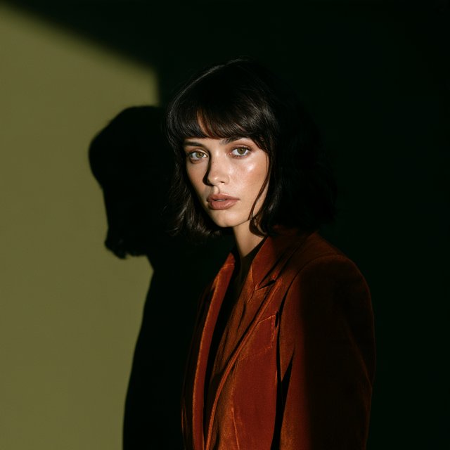Her guarded gaze catches a solitary beam in a low-key fashion portrait: an adult woman aged 27–35 wears a rust-colored velvet blazer, the rest of her face falling into shadow against a deep olive backdrop. — Midjourney V8.2
