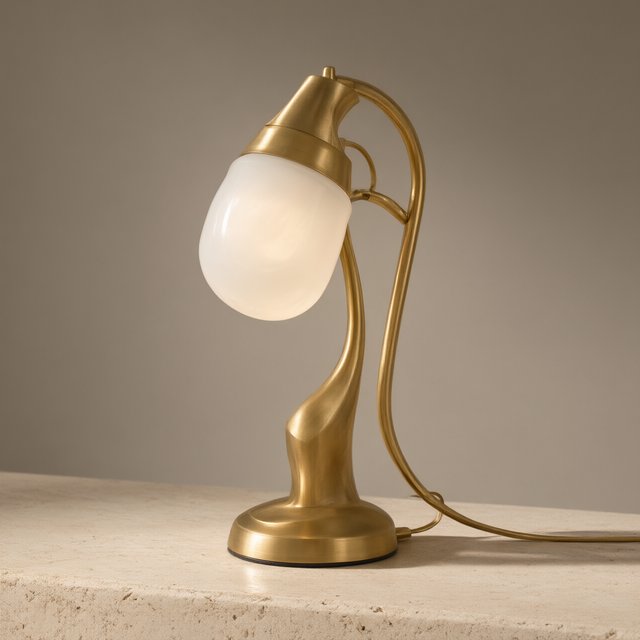Commercial product photograph of an unbranded sculptural desk lamp made from brushed brass and opal glass, resting on pale travertine, against a warm gray background, with soft diffused light from upper left and gentle grounding shadow. — Qwen Image 3.0