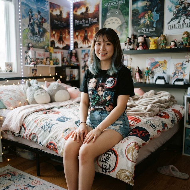A young beautiful woman of Chinese descent, she is twenty years old, sitting in a bedroom, sitting on the edge of her bed. She is wearing a black anime-themed shirt and denim shorts. She has dark brown hair with light blue highlights, brown eyes, pale skin. Her bedroom has anime- and video game-inspired posters and trinkets. Looking at the viewer, smiling. — Nano Banana 2 Lite