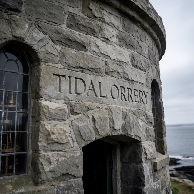 A weathered coastal observatory overlooks dark water, its brass instruments visible through arched windows; "TIDAL ORRERY" is carved into a slate lintel above the entrance, salt spray softening the deep engraved grooves. — Krea 2 Medium