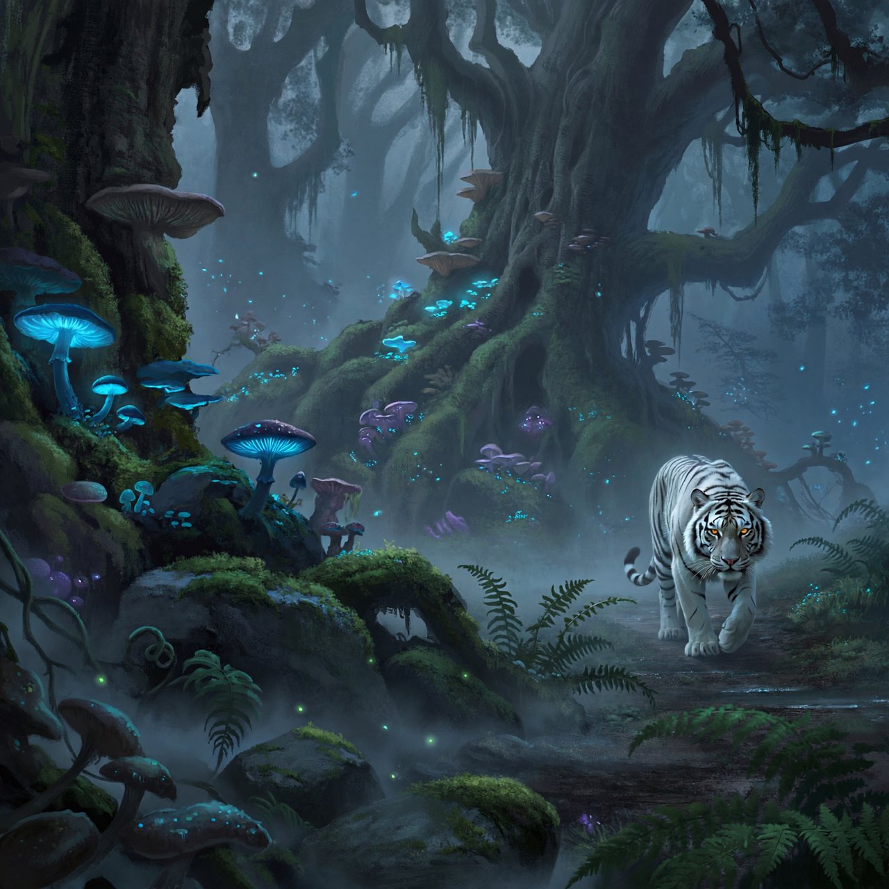 A majestic white tiger with eyes like molten gold, walking through a misty, ancient forest. Strange, bioluminescent flora casts an ethereal glow on the gnarled trees and moss-covered stones. The atmosphere is one of profound mystery and quiet solitude. Rendered in the style of detailed matte painting with a touch of dark fantasy concept art. — ImagineArt 2