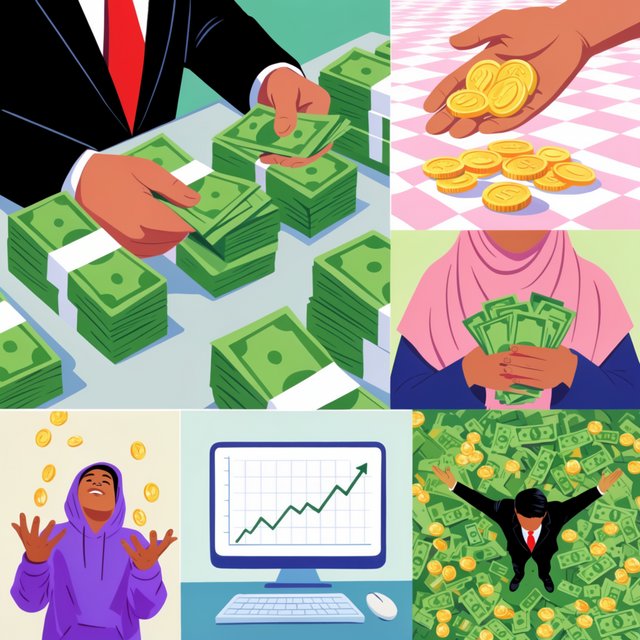 An image about people making a lot of money around the world, shown in 4–6 scenes. Realistic image. — Krea 2 Large