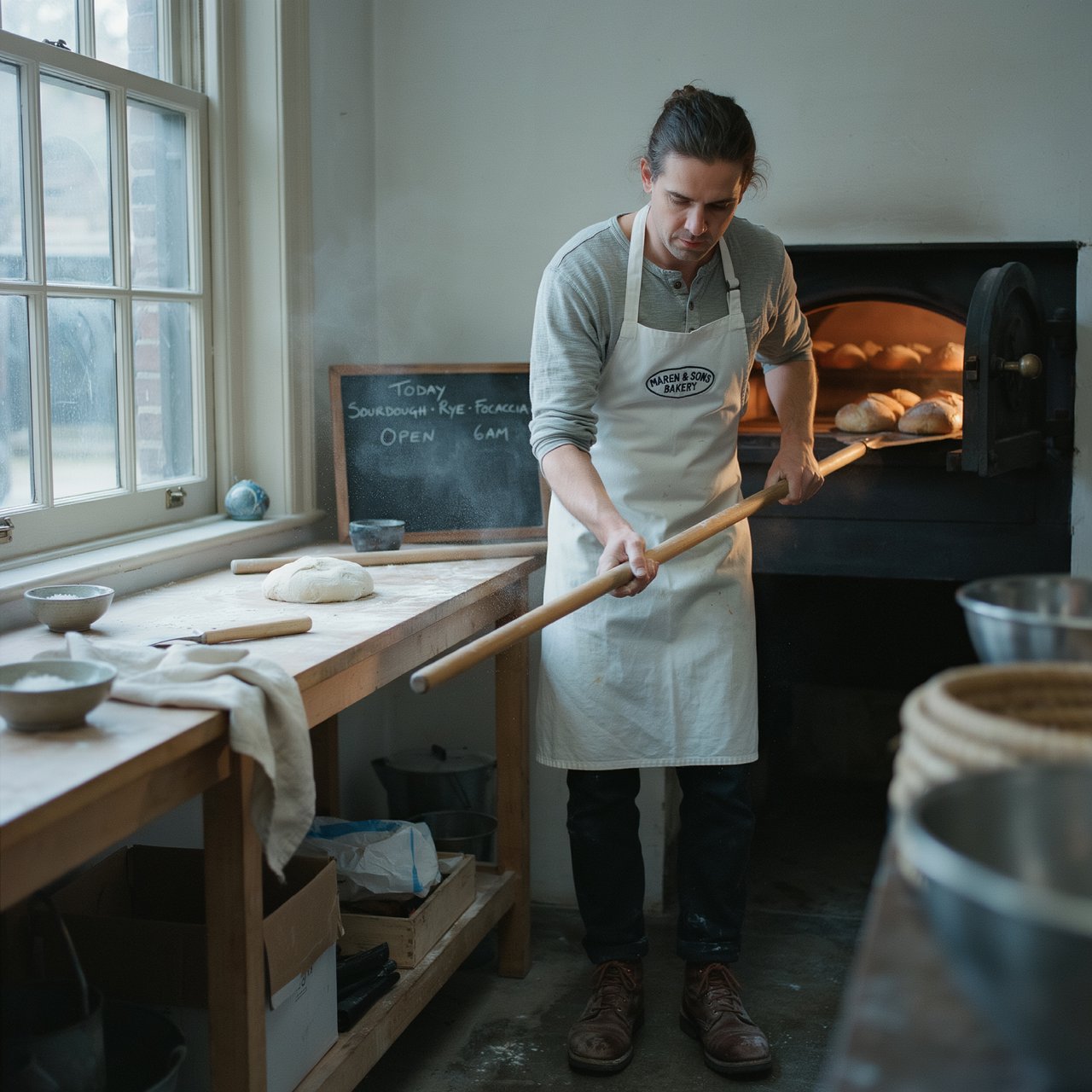 Candid documentary photograph of an adult baker sliding a tray of bread into a neighborhood bakery oven, warm oven glow mixing with gray dawn window light, 35mm lens with moderate depth of field, flour dust suspended above the workbench. — Ideogram v4