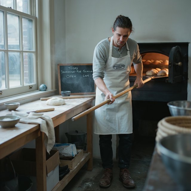 Candid documentary photograph of an adult baker sliding a tray of bread into a neighborhood bakery oven, warm oven glow mixing with gray dawn window light, 35mm lens with moderate depth of field, flour dust suspended above the workbench. — Ideogram v4