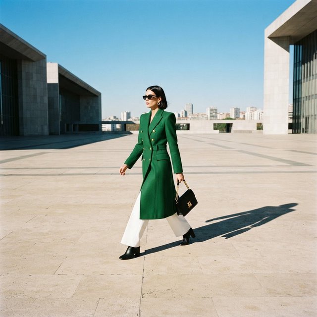 Full-length fashion editorial: model in a structured emerald wool coat and white trousers walking across a wide empty plaza, harsh midday sun, long shadow. — Nano Banana 2 Lite