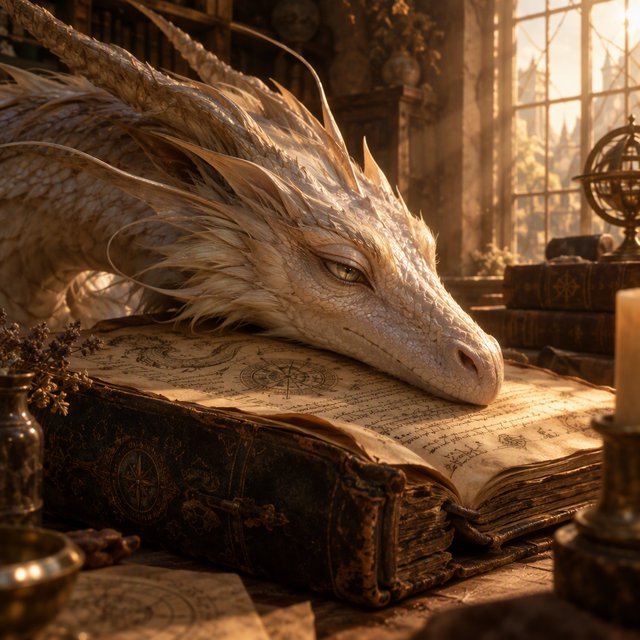 A mystical dragon's head, slender and dreamy, rests upon the yellowed pages of an ancient tome, the cover worn and mysterious, as soft warm light pours in through a nearby window, casting a serene ambiance, the air thick with the scent of old parchment and forgotten knowledge. — GPT Image 2.5 Flare