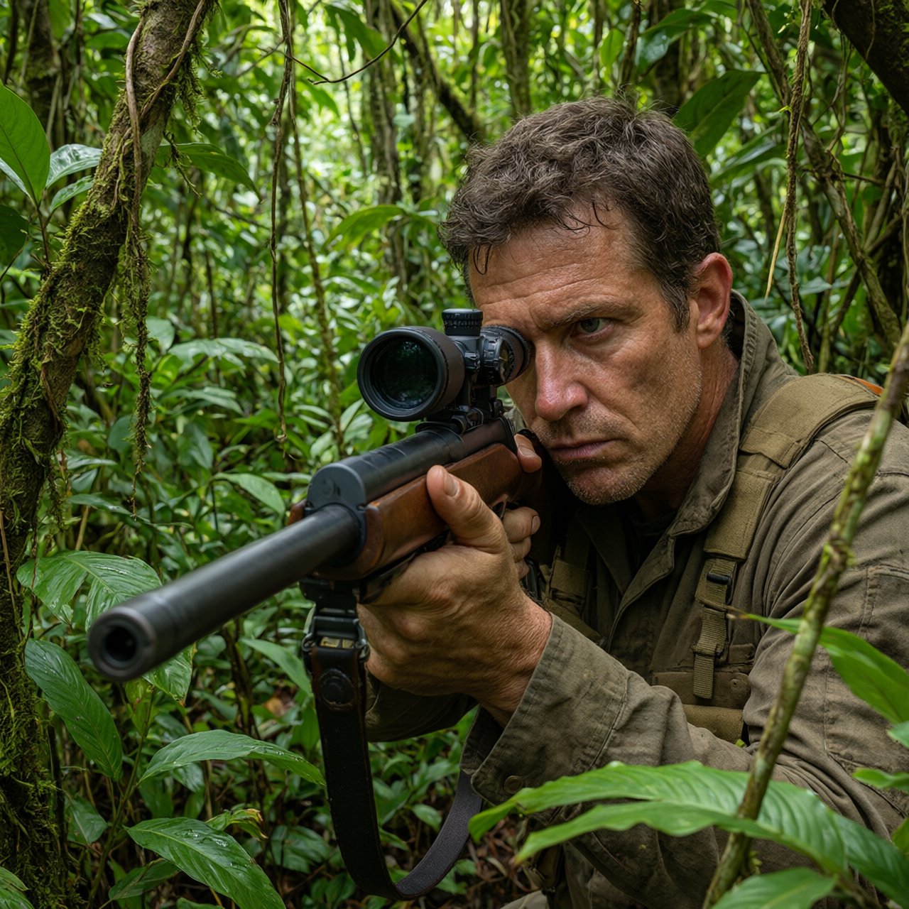 An adult sniper concealed in dense jungle foliage, aiming at a distant target, with a close-up view of his focused face. — Qwen Image 3.0 Pro
