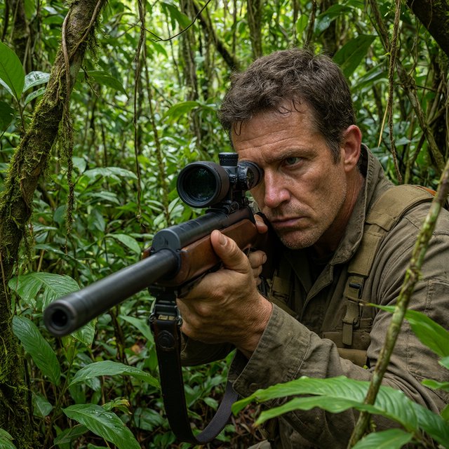 An adult sniper concealed in dense jungle foliage, aiming at a distant target, with a close-up view of his focused face. — Model 15