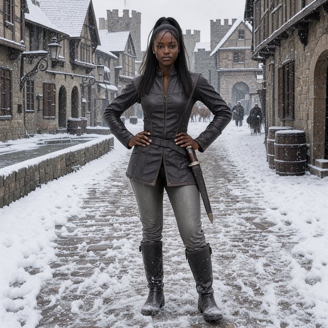 An eighteen-year-old woman. She has long straight black hair tied up, brown eyes, and dark skin. She is wearing a dark leather tunic, grey leather pants, and leather boots. She has a sheathed dagger on her hip, standing with her hands on her hips and looking at the viewer. She is standing in a snowy medieval city. — Model 2