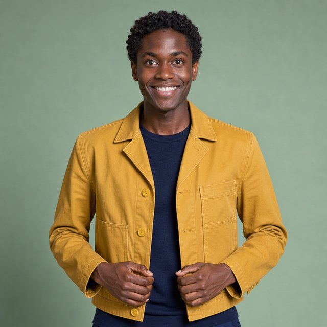 Fashion portrait of an adult nonbinary person in their late twenties wearing a structured saffron-yellow canvas jacket over a fine-gauge navy merino top, hands resting on the jacket hem. Their bright, self-assured expression contrasts with a softly lit sage-green backdrop. — FLUX 3 Image