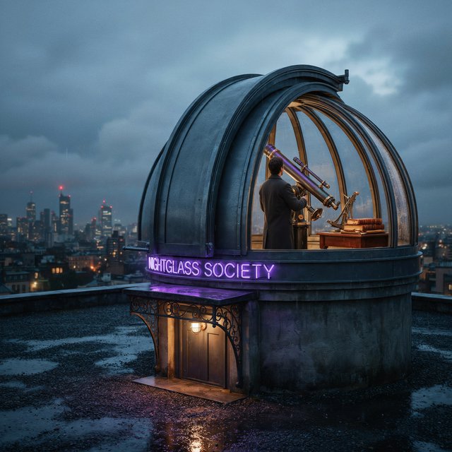 On a rain-darkened rooftop observatory, brass instruments gleam beneath a sliding dome while clouds part above the city; "NIGHTGLASS SOCIETY" glows in violet neon along the entrance canopy. — Ideogram v4