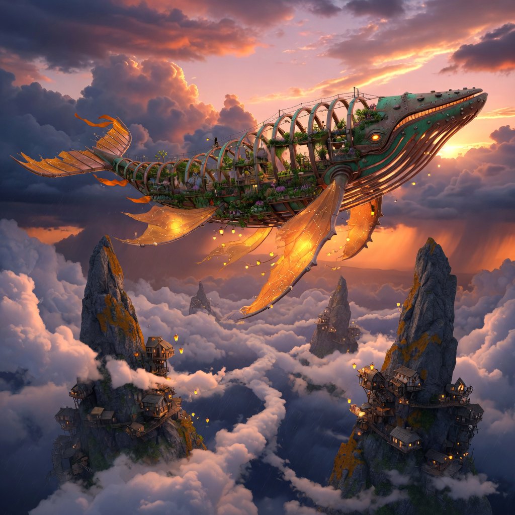 A vast, whale-shaped sky barge sails between mountain spires, its copper ribs supporting gardens and glowing sailcloth. Below, cloud rivers curl around tiny cliff villages as sunset pours through storm breaks, outlining the vessel in molten gold. — Grok Imagine Image Quality