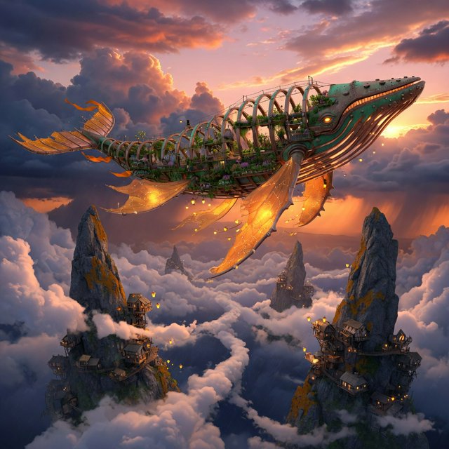 A vast, whale-shaped sky barge sails between mountain spires, its copper ribs supporting gardens and glowing sailcloth. Below, cloud rivers curl around tiny cliff villages as sunset pours through storm breaks, outlining the vessel in molten gold. — Grok Imagine Image Quality