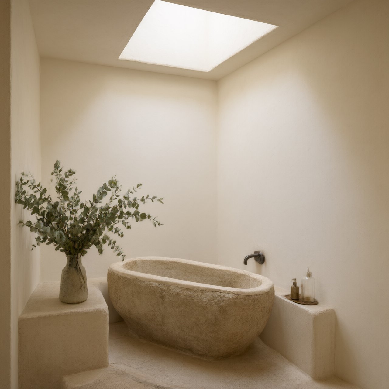 A spa bathroom with a stone tub, a skylight, plaster walls in warm white, eucalyptus in a vase, soft shadows. — Qwen Image 3.0