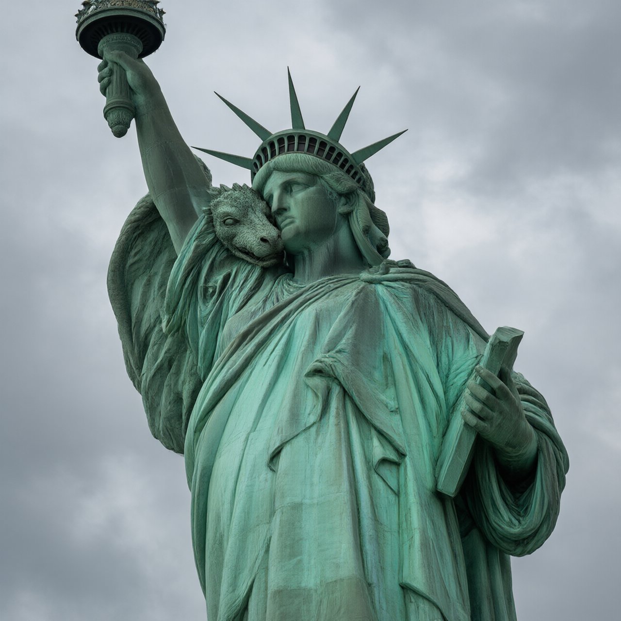 A dragon sleeping on the Statue of Liberty on a moody, overcast day. — Qwen Image 3.0