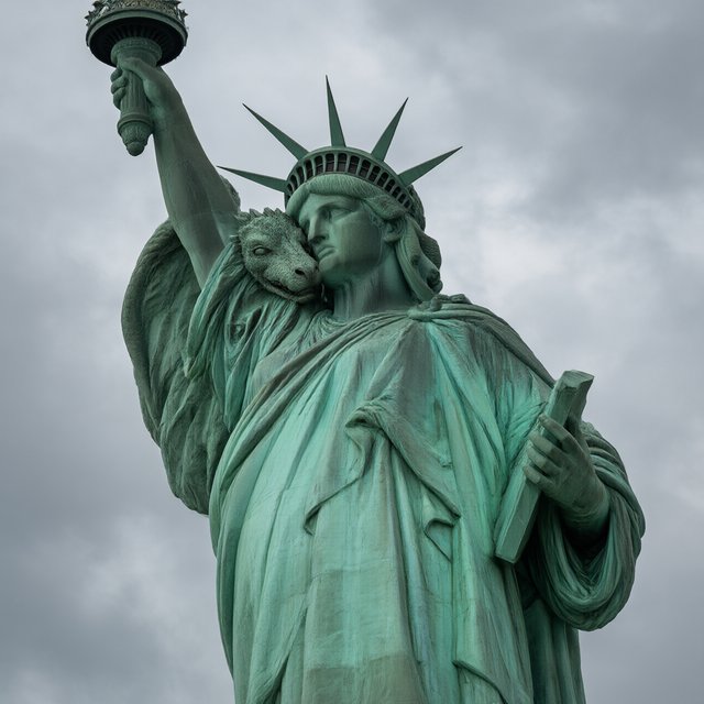 A dragon sleeping on the Statue of Liberty on a moody, overcast day. — Qwen Image 3.0