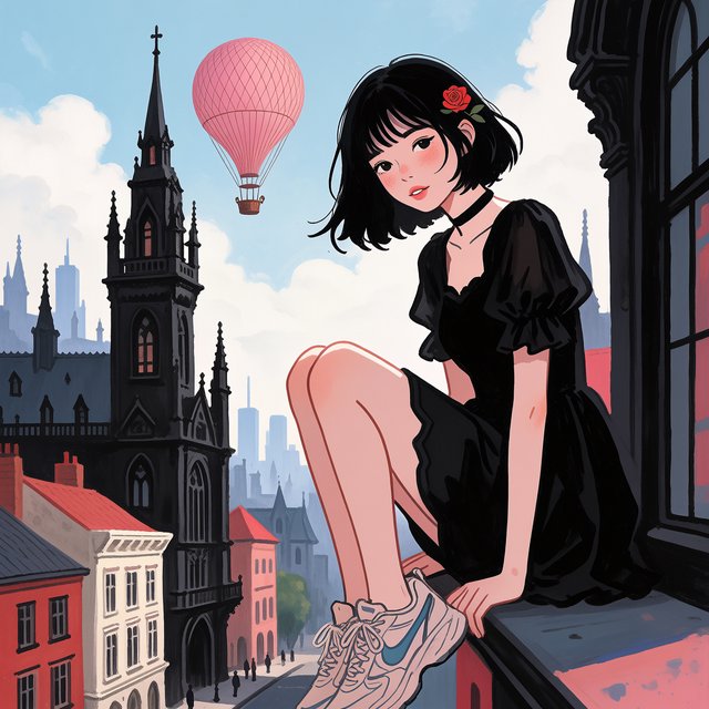 A whimsical gothic woman sitting on a ledge overlooking the city. — Krea 2 Medium