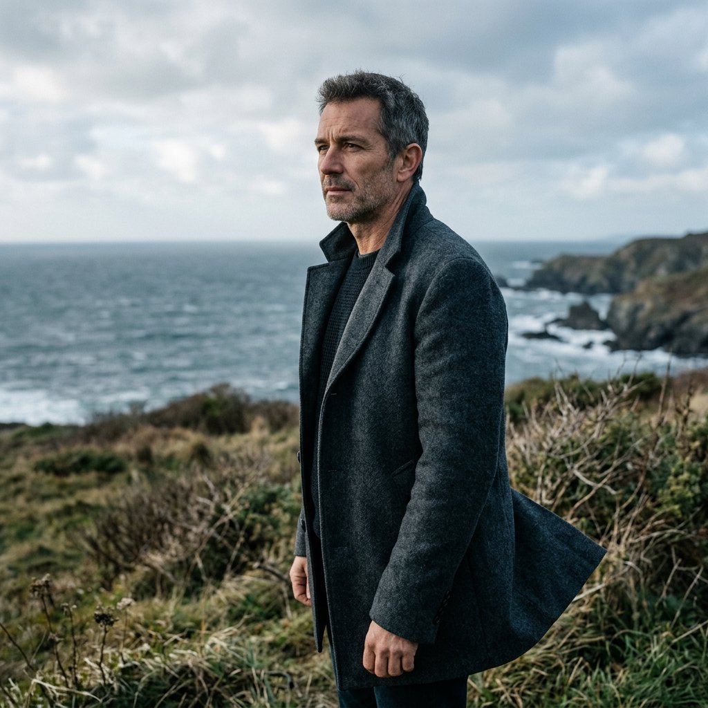 Wind lifts the hem of a charcoal wool coat as an adult man in his late 40s keeps a pensive gaze. The portrait frames him against a windswept coastal bluff beneath cool, cloud-filtered daylight. — Nano Banana 2.1