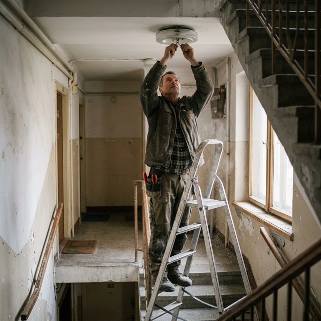 Candid documentary photograph of an adult building caretaker changing a ceiling light in a quiet apartment stairwell, pale afternoon window light, 35mm lens with moderate depth of field, plaster dust drifting from the fixture. — Nano Banana 2.1