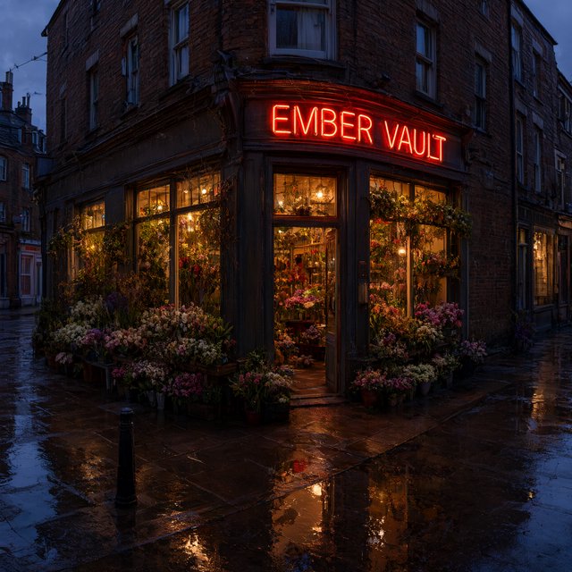At dusk, a narrow flower shop with rain-dark brick, overflowing window boxes, and warm interior light; the invented name "EMBER VAULT" is rendered in red neon tubing above the entrance, reflected in puddles. — Qwen Image 3.0 Pro