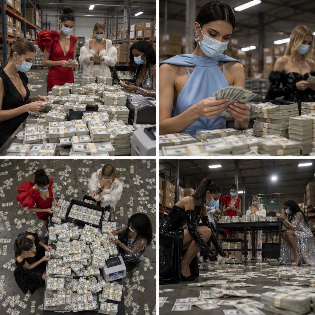 Adult women wearing masks (the kind you wear when you have a cold), in a warehouse, all wearing the kinds of outfits you would see models wear on a runway, counting lots of money (money is seen everywhere, on tables, on the floor, etc.). At least 4 different POVs. — GPT Image 2.5 Flare
