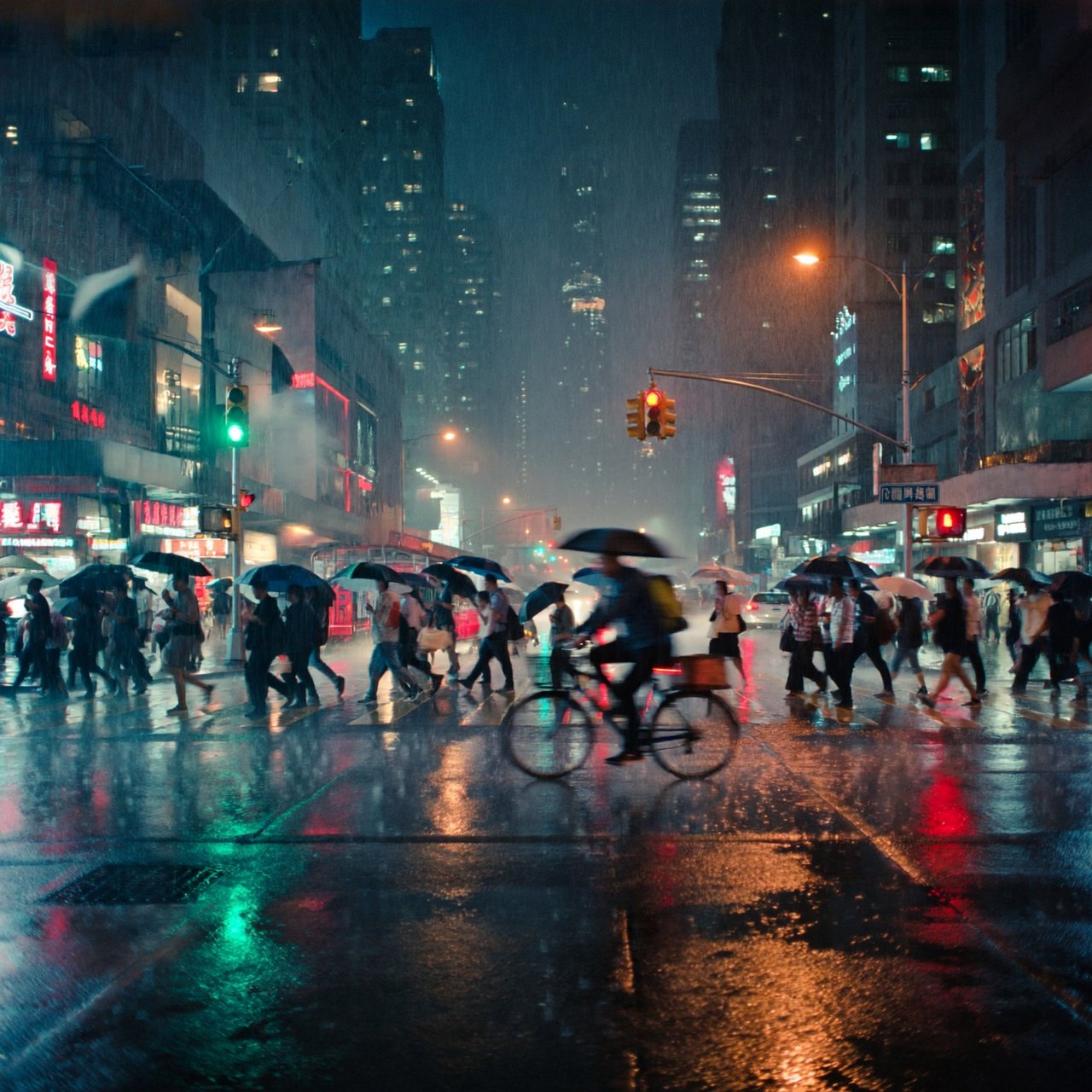 A rain-soaked city crosswalk at night seen from across the street, umbrellas, reflections of traffic lights on wet asphalt, slight motion blur on a passing cyclist. — ImagineArt 2