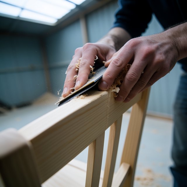 Fine curls gather beneath adult hands sanding the edge of a wooden chair in a quiet repair shed. A real-world workshop snapshot in cool skylight, using a normal lens at shallow depth of field, catches pale sawdust clinging to the knuckles. — Krea 2 Medium