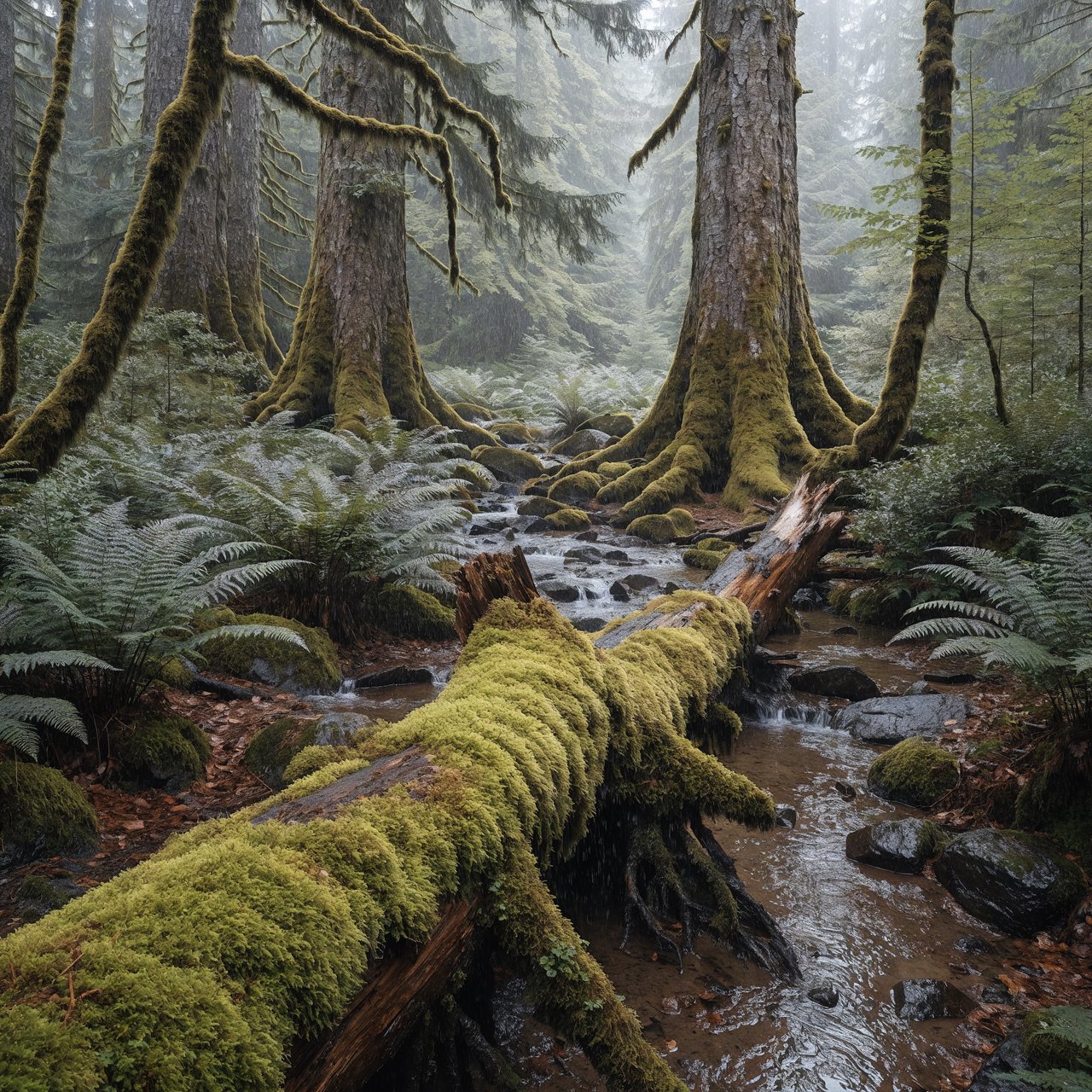 Old-growth temperate rainforest after rain, moss-covered fallen log, fog between the trunks, soft diffused light. — Recraft v4 Pro