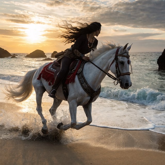 An adult female warrior on her white steed galloping along a fine-sand beach at sunset. — Recraft v4