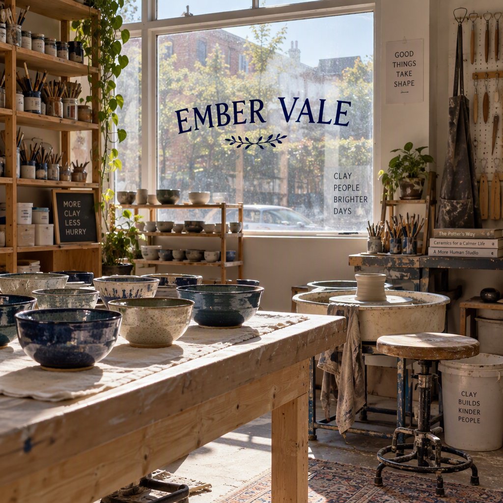 Inside a sunlit ceramics studio, glazed bowls dry beside a turning wheel and shelves of clay tools; "EMBER VALE" is painted in cobalt capitals on the front window. — GPT Image 2.5 Sunburst