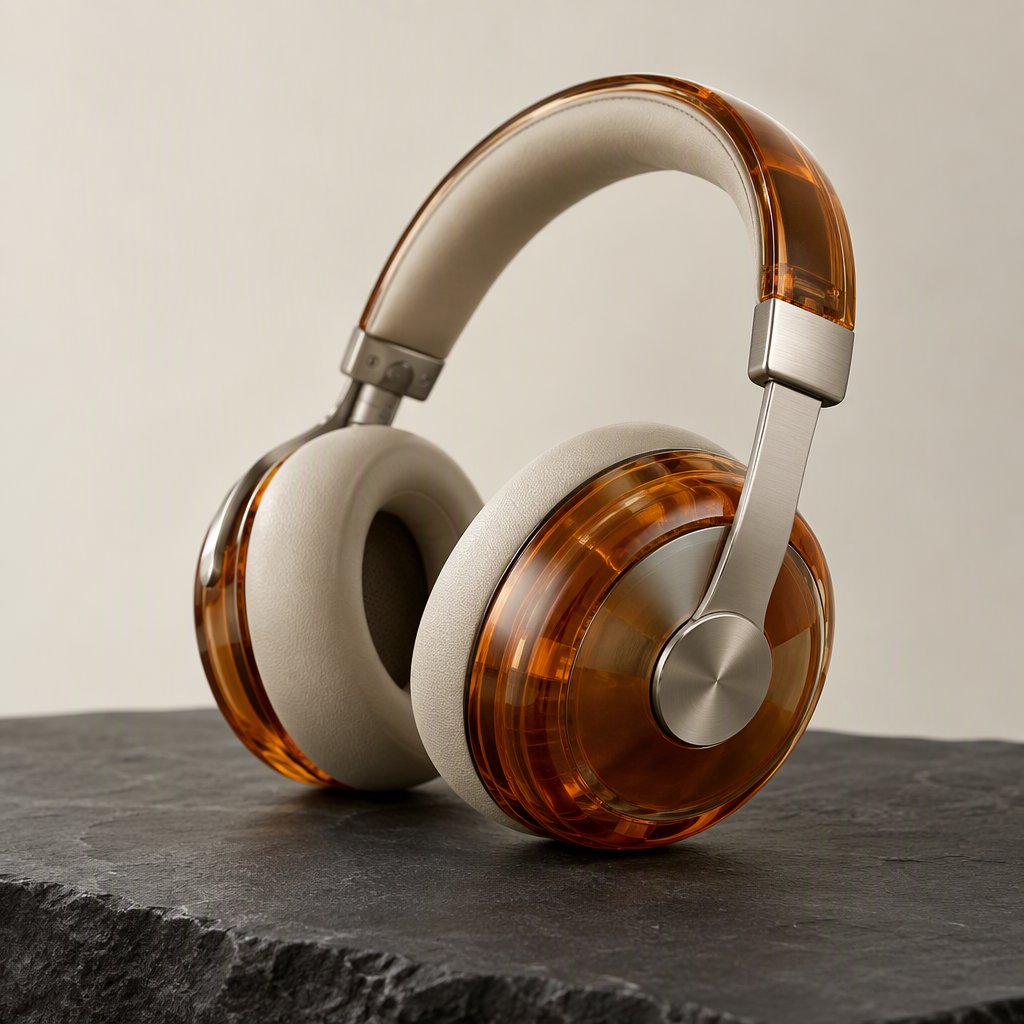 Commercial product photograph of unbranded over-ear headphones crafted from translucent amber resin and brushed titanium, resting on a dark slate surface against a muted cream background, lit by a broad diffused softbox and a delicate rim light. — GPT Image 2.5 Flare