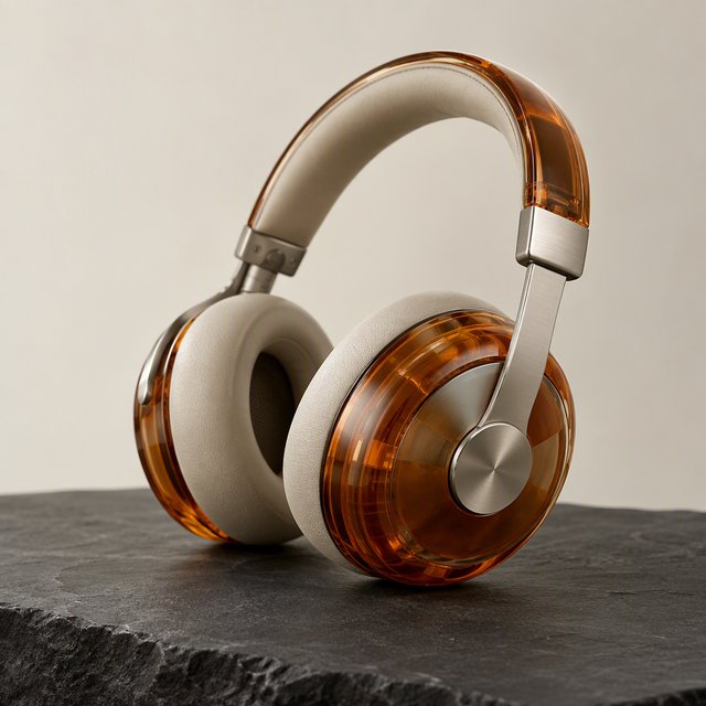 Commercial product photograph of unbranded over-ear headphones crafted from translucent amber resin and brushed titanium, resting on a dark slate surface against a muted cream background, lit by a broad diffused softbox and a delicate rim light. — GPT Image 2.5 Flare
