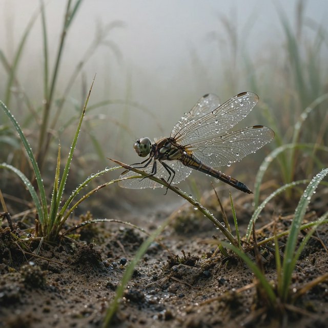 On a peaty marsh edge, a dragonfly rests among sedges after a light morning shower; dew beads on its veined wings and granular mud, while reed stems soften into pale fog behind it. — Muse Image 1.0