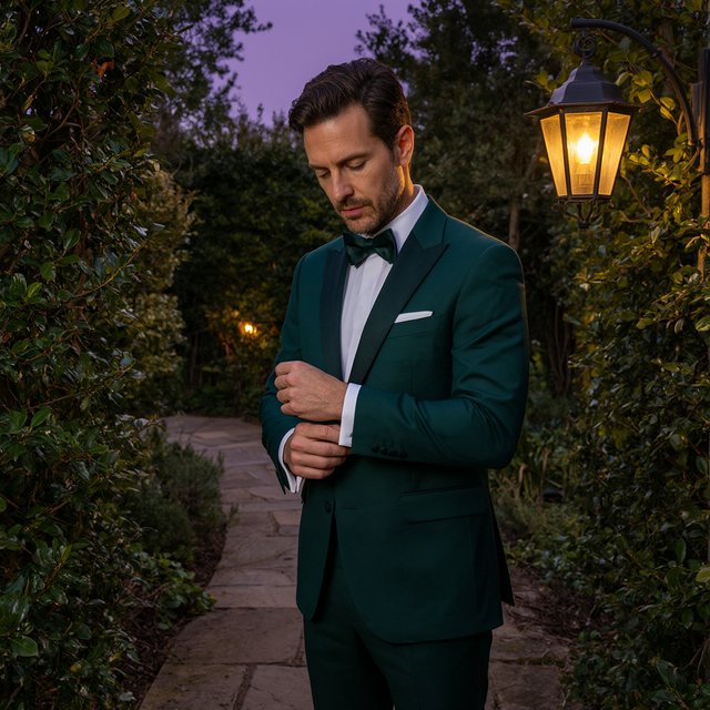 Along a garden path at violet dusk, an adult man in a midnight-green dinner suit adjusts one cuff beneath warm lantern glow, caught in a quiet pre-event pause with glossy leaves and elegant magazine polish. — Qwen Image 3.0 Pro