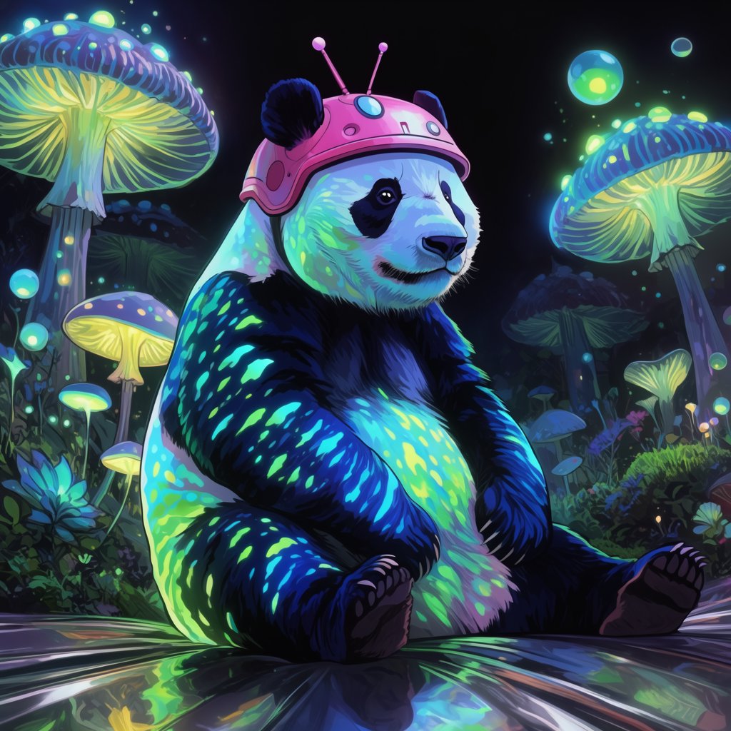 A bioluminescent panda bear, its fur patterns glowing with neon blues and vibrant greens, sits peacefully amidst a grove of luminous, alien flora. Giant, pulsing mushrooms and floating orbs of light create an otherworldly ambiance. The background fades into an inky blackness, making the glowing elements pop. Style: Sci-fi fantasy illustration with sharp, defined lines and glowing contrasts, drawing inspiration from futuristic concept art. — Krea 2 Large